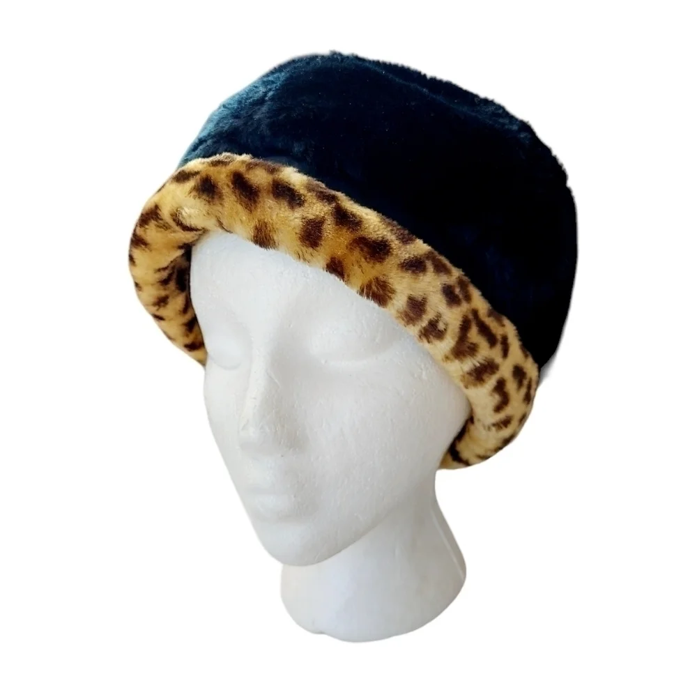 Fuzzy Black Cheetah Bucket Style Hat Retro 90's - Picture 5 of 11